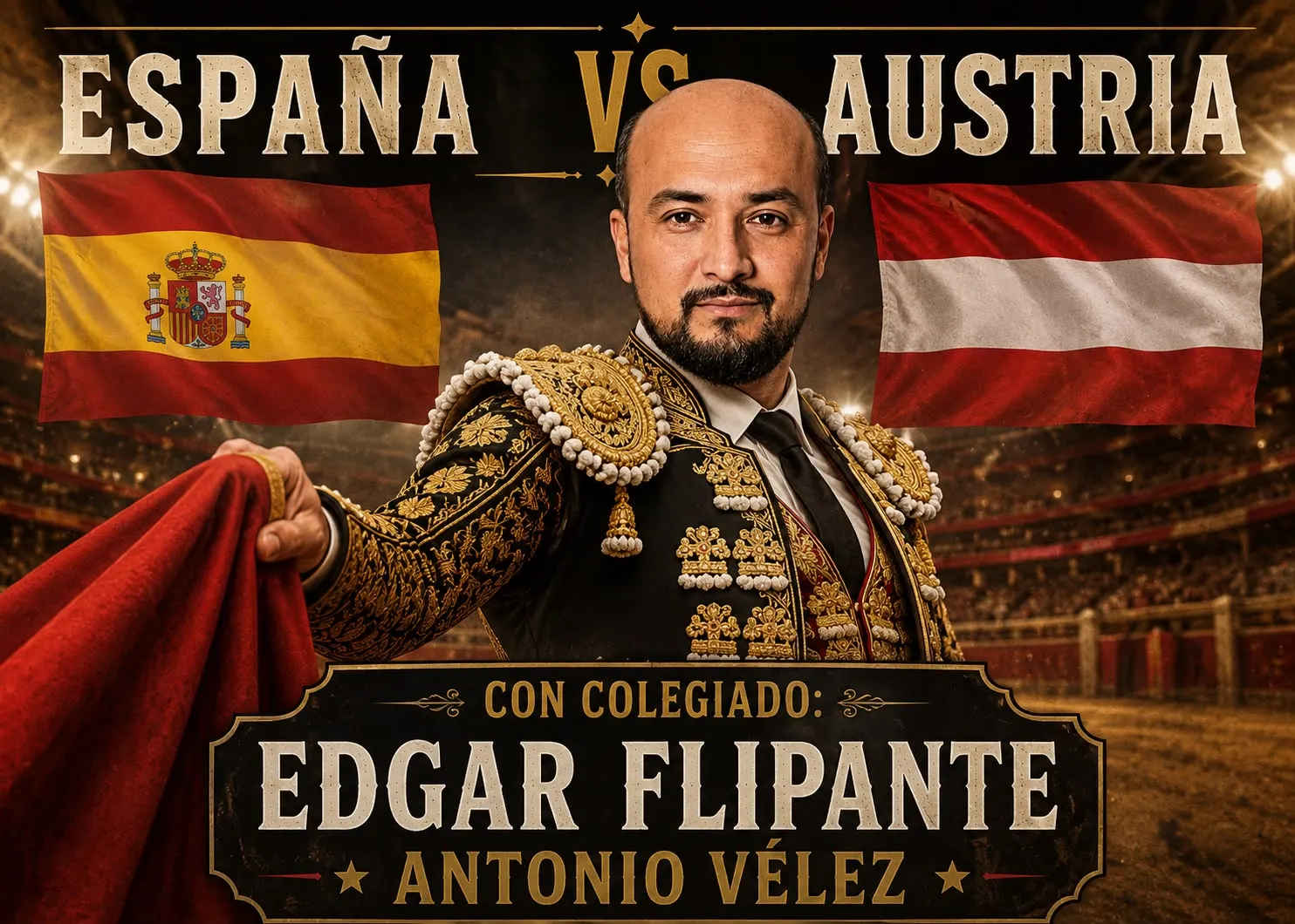 Banner: España 🇪🇸 vs Austria 🇦🇹 con El Colegiado Edgar Flipante Antonio Vélez