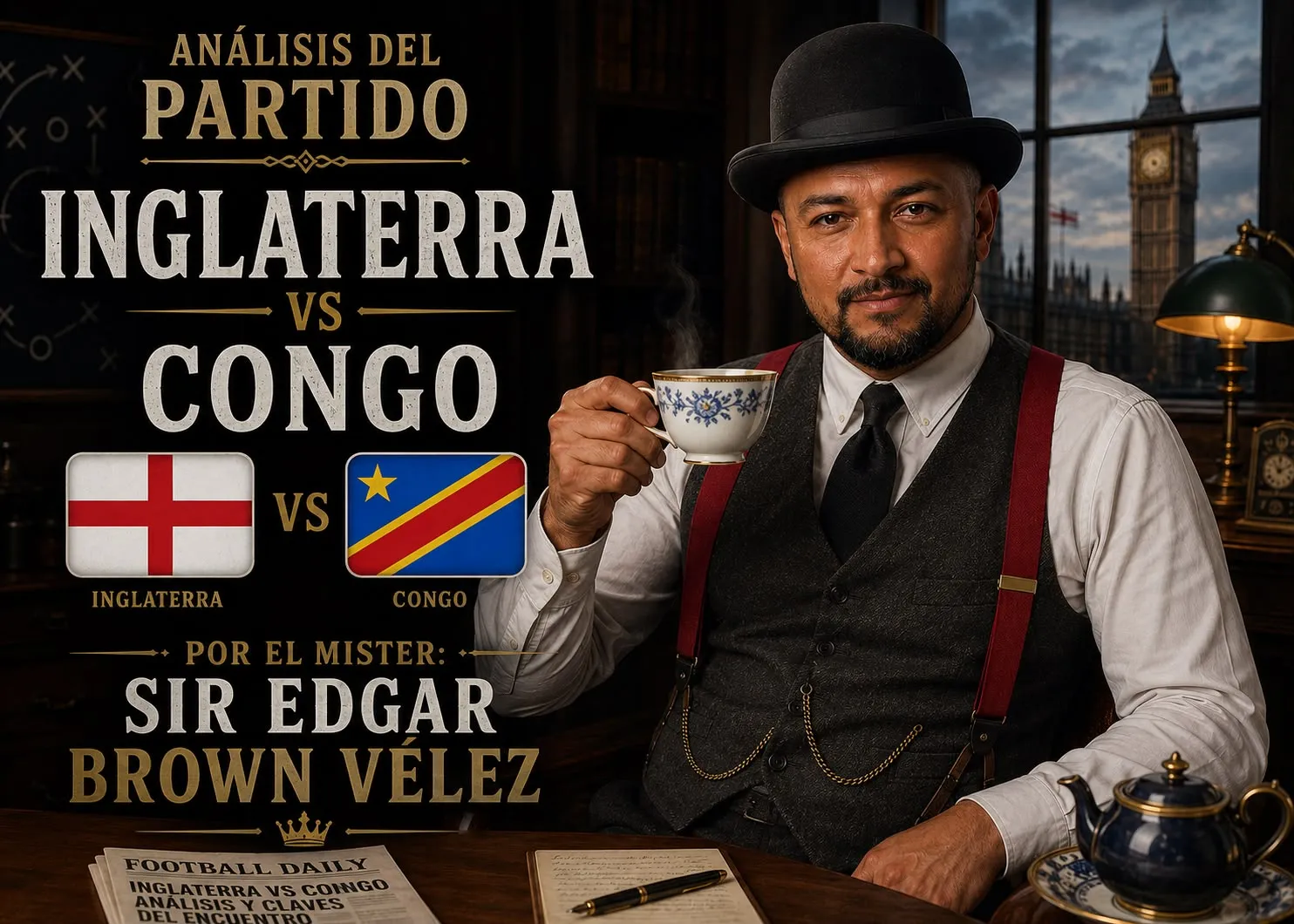 Banner: Inglaterra 🏴 vs Congo 🇨🇩 con Sir Edgar Brown Vélez